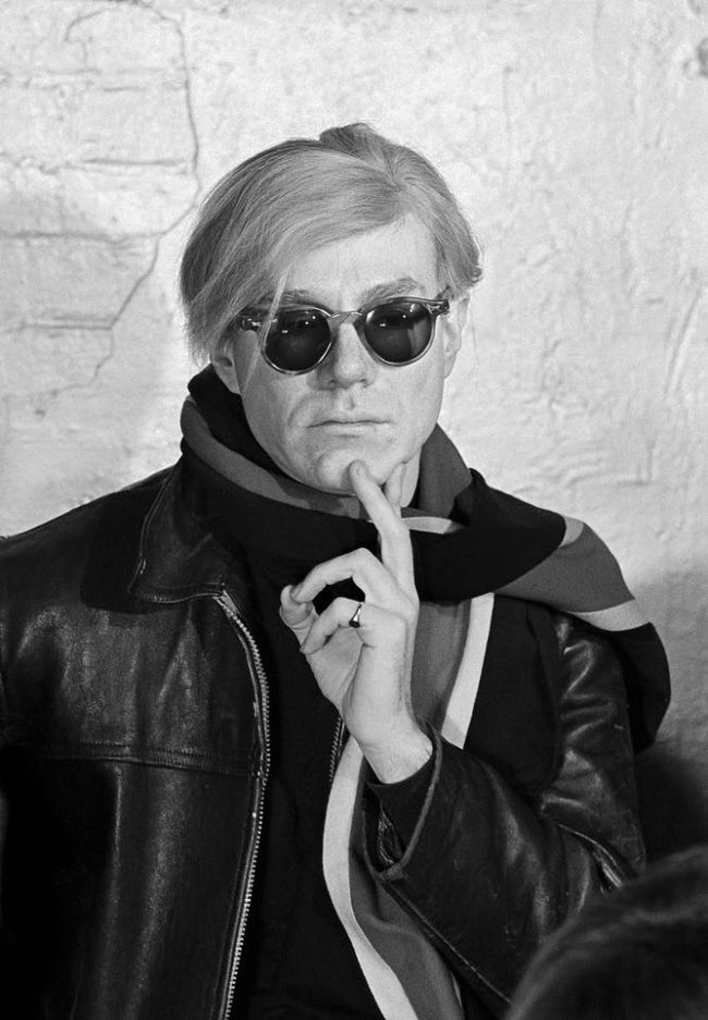 andy warchol cool sunglasses and college scarf